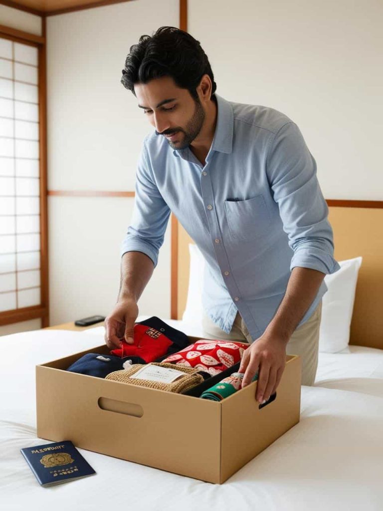 turista en hotel de japon y guardando compras de cosas en tiendas japonesas en una caja y en la cama su pasaporte